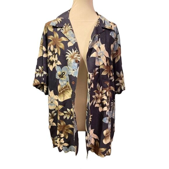 Tasso Elba Men's Button Down Shirt Collared Floral 100% Silk Navy Blue XL - Picture 2 of 11